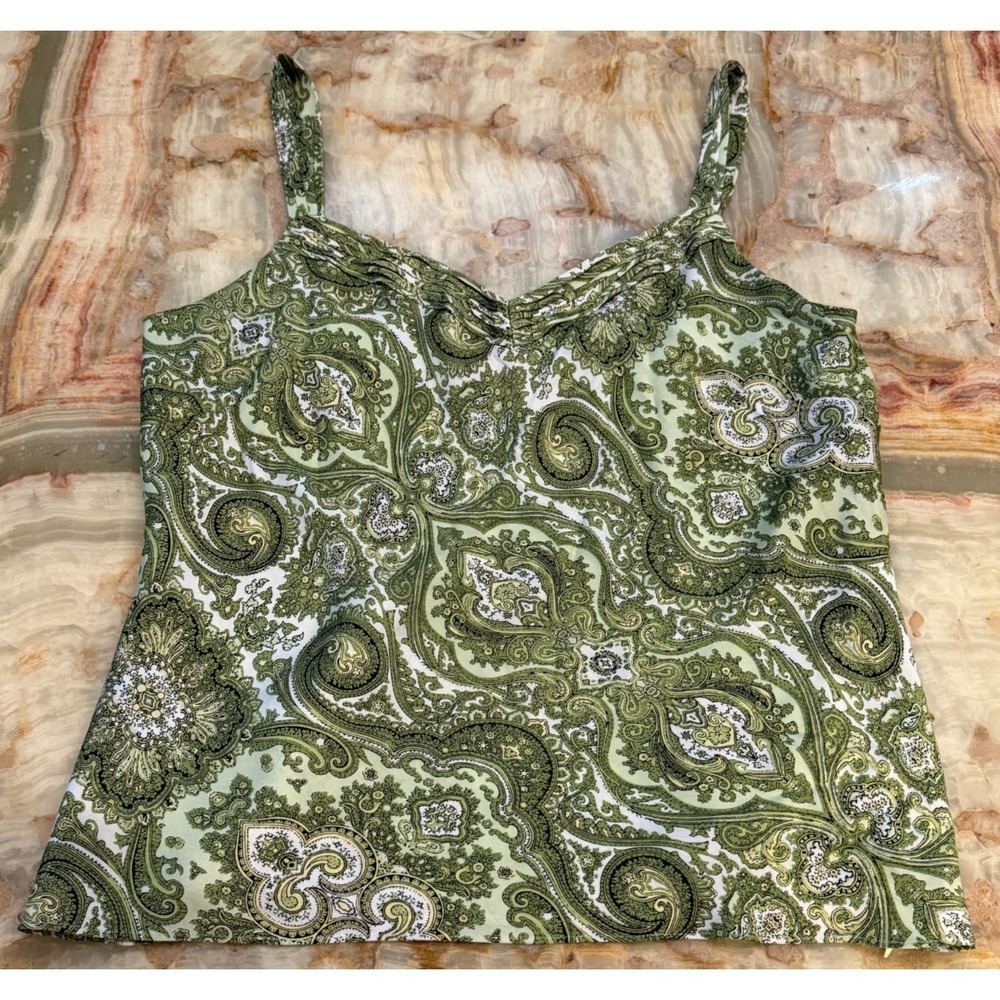 Ann Taylor Womens Cami Top‎ Green Paisley Print Pleated Sleeveless V Neck 10